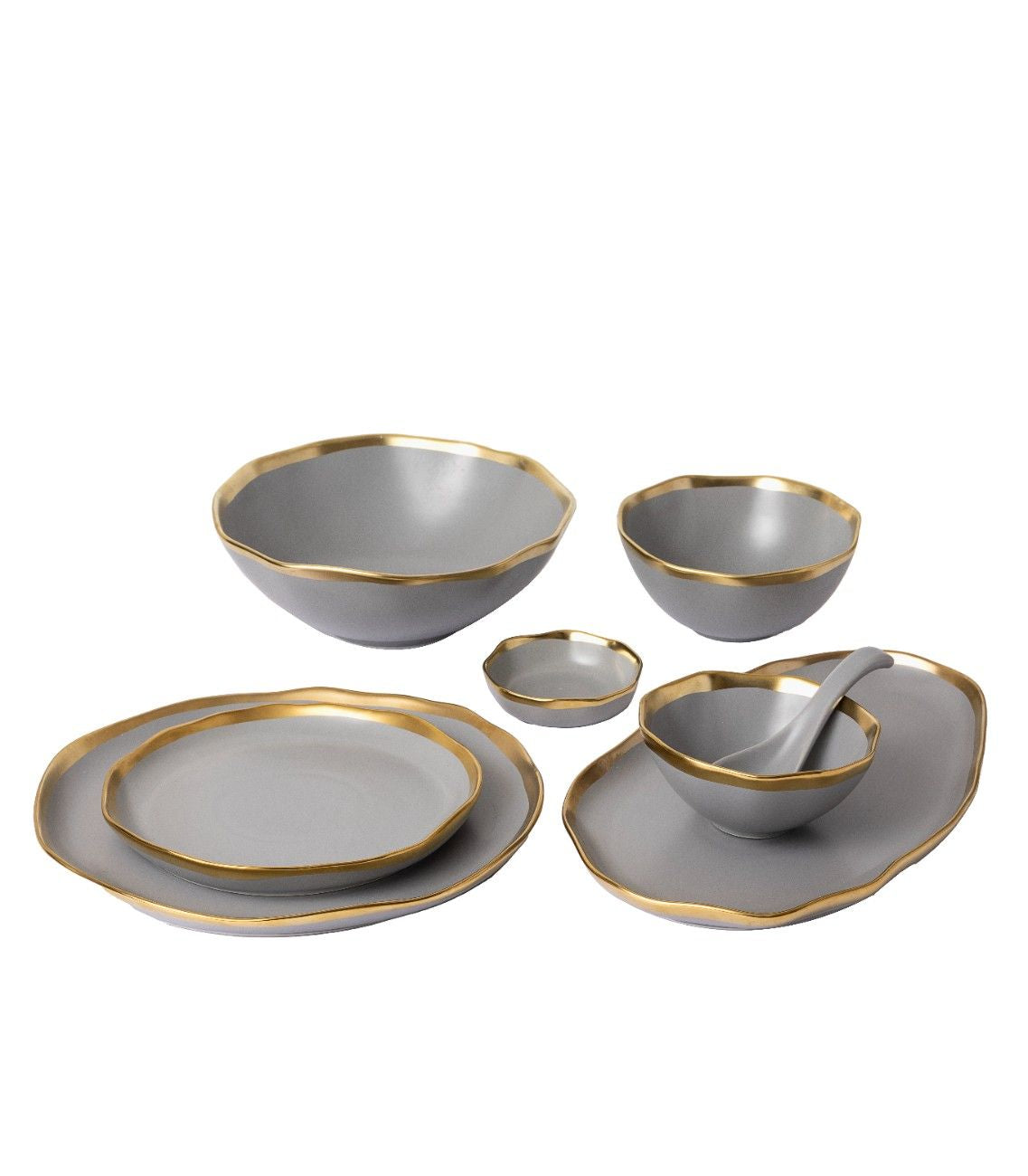 Grey Dinnerware Set with Elegant Gold Accent
