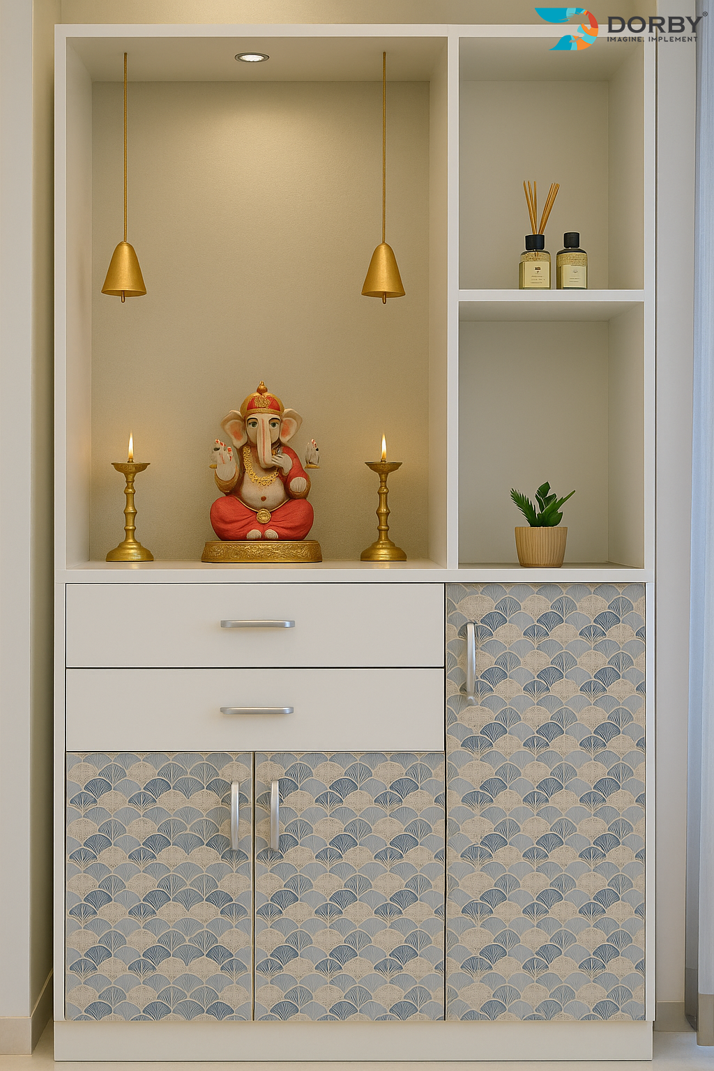 Pooja room cabinet with decorative items including a statue of Lord Ganesha, candles, and small plants.