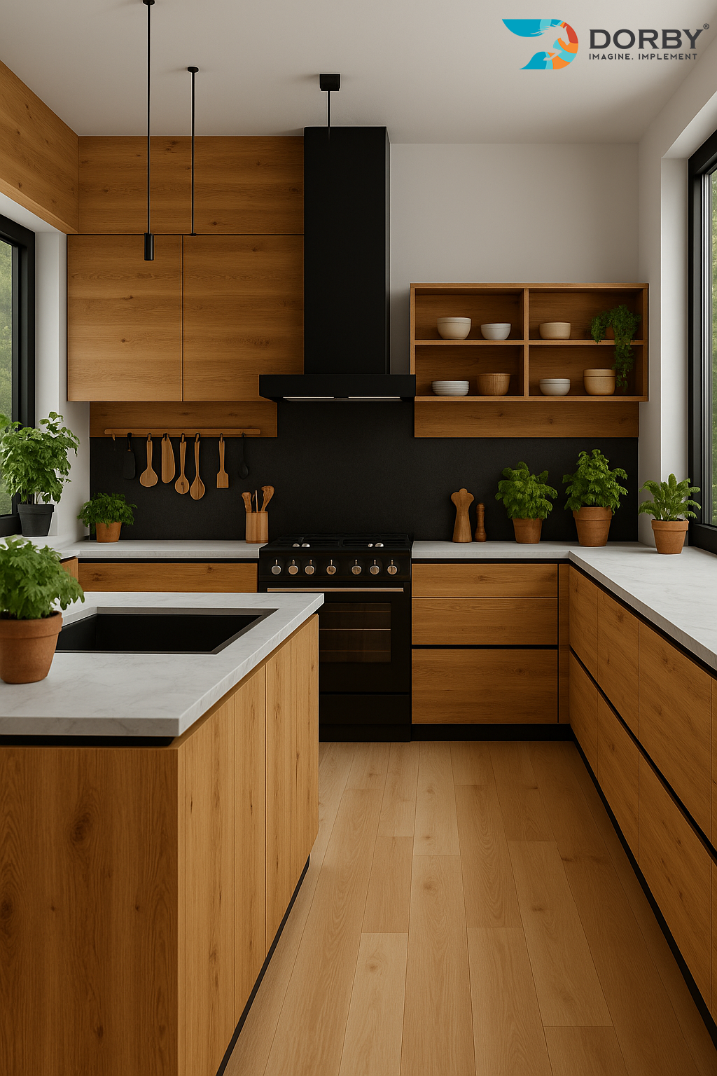Modern kitchen with wooden cabinets, black appliances, and potted plants.