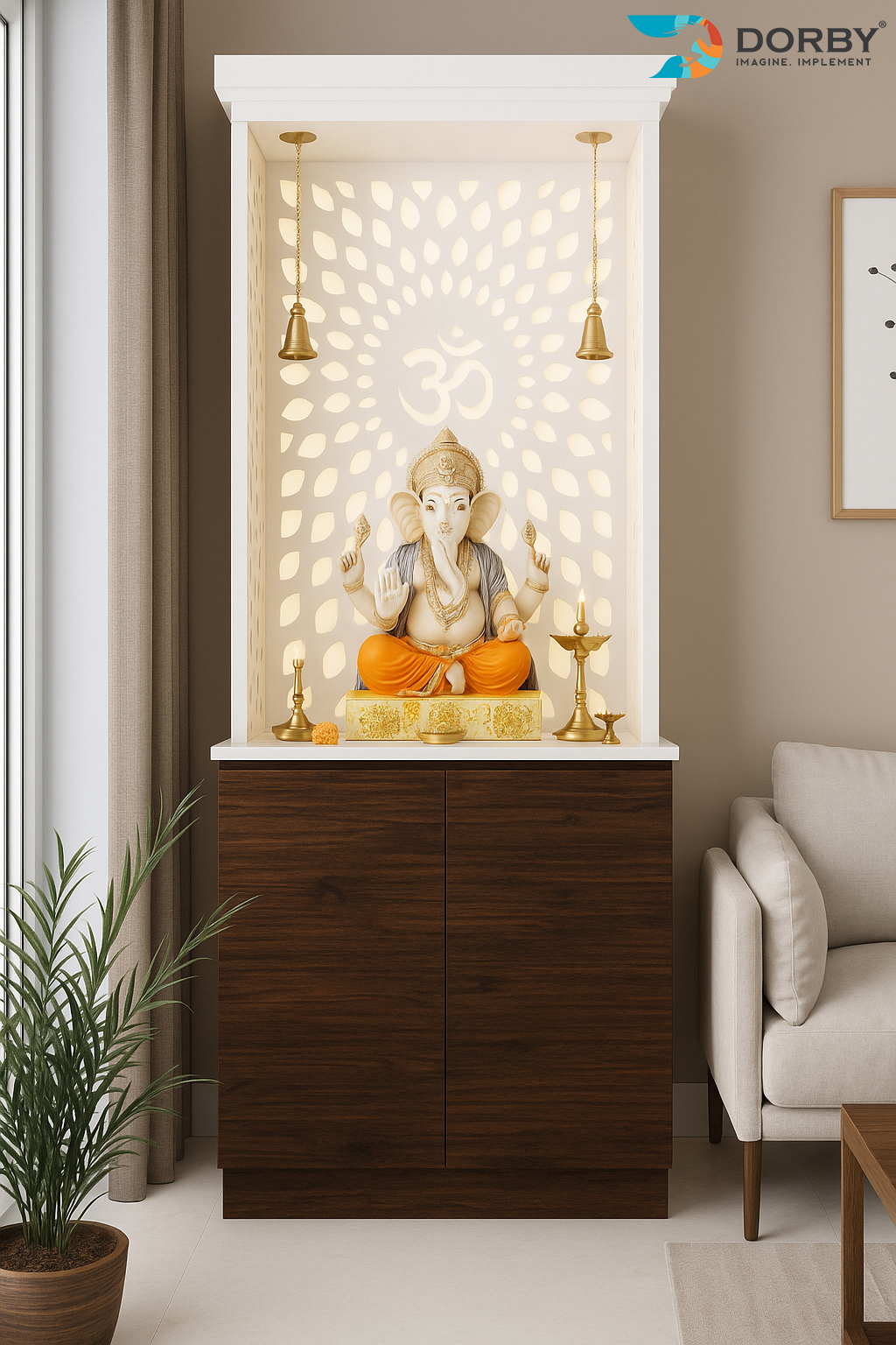 Decorative wall unit with a statue of Ganesha in a living room setting
