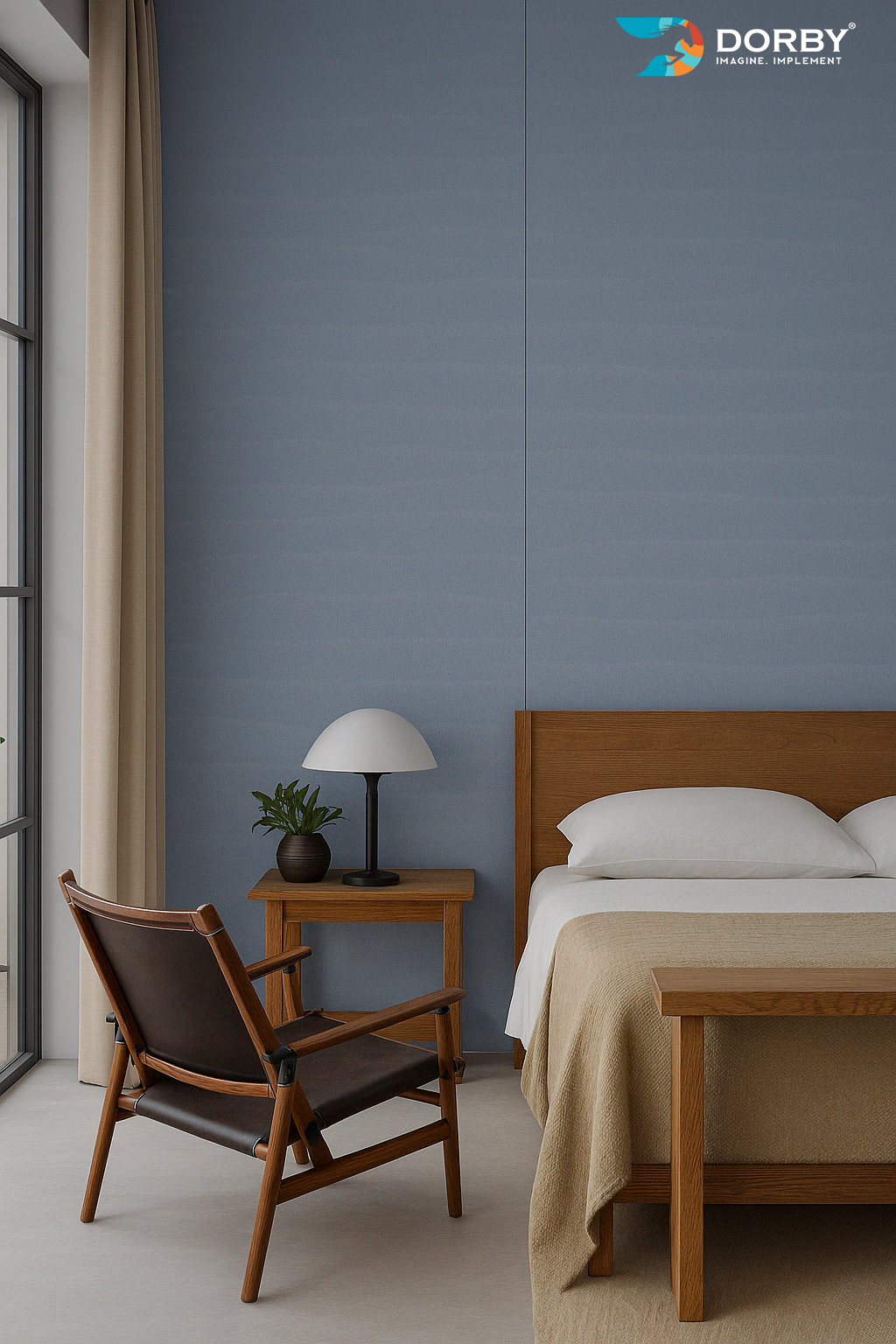 Modern bedroom with wooden bed, chair, and nightstand against a blue wall.