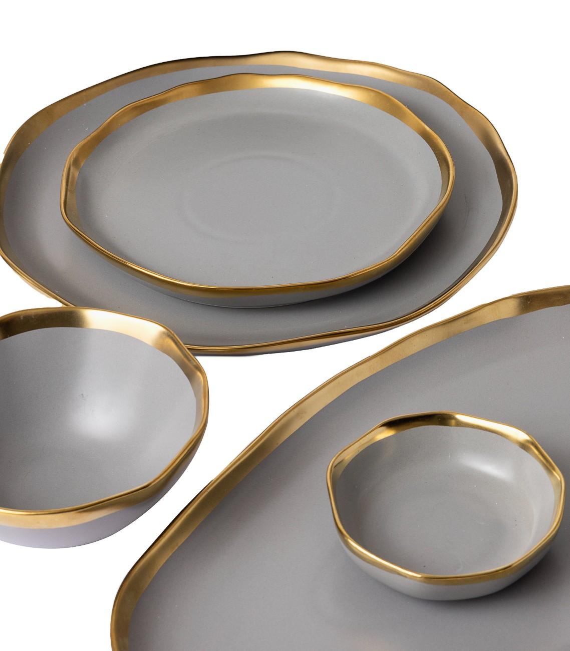 Gold Edged Grey Dinner Set for 4