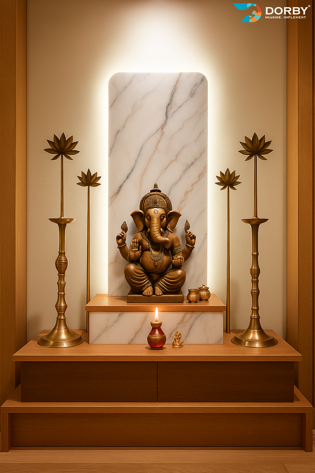 Pooja room with a deity statue, brass lamps, and marble panel on a wooden shelf.