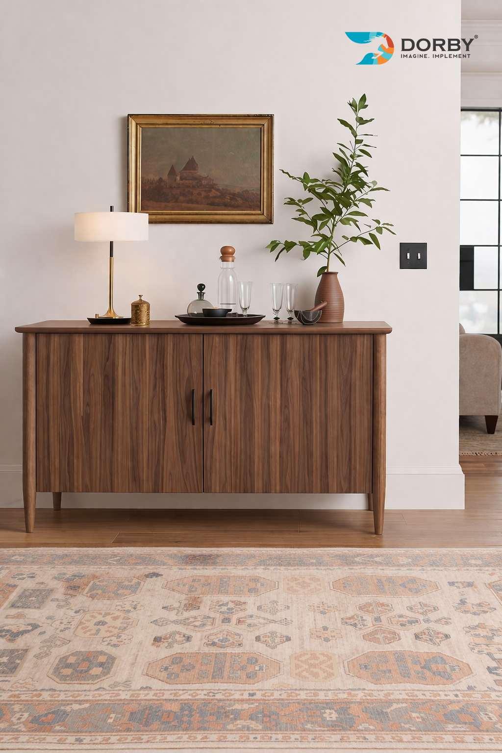 Wooden sideboard in a room with a lamp, plant, and decorative items on top.