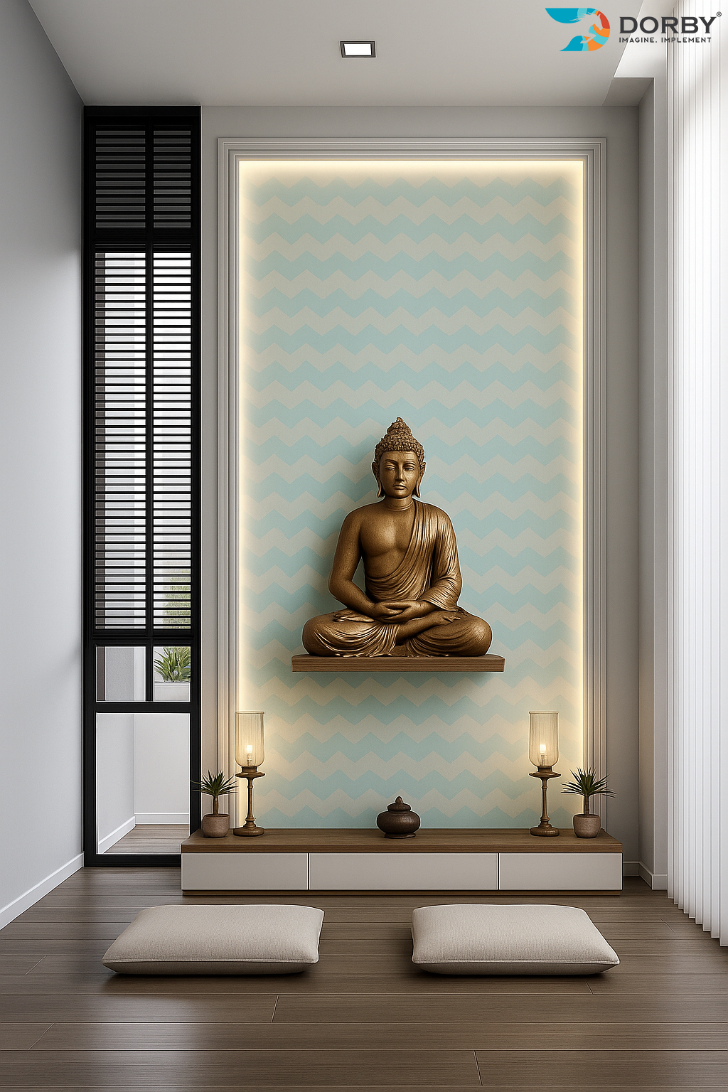 Decorative interior with Buddha statue on a wall panel, surrounded by candles and plants.