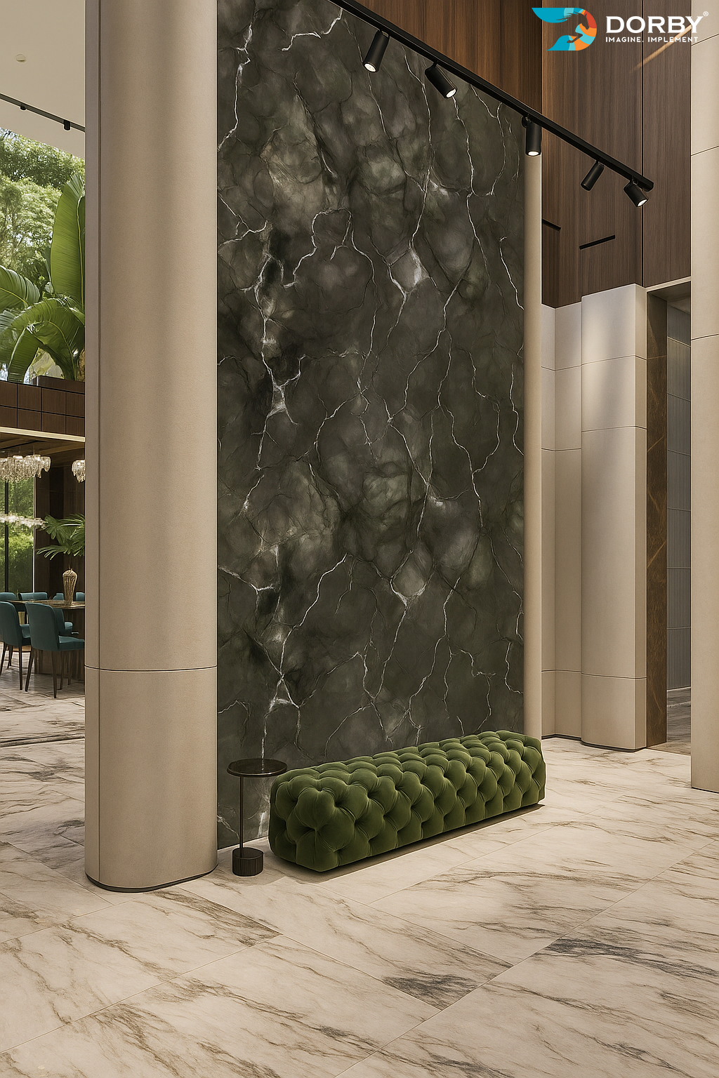 Decorative stone wall with a green tufted bench in a modern interior setting.