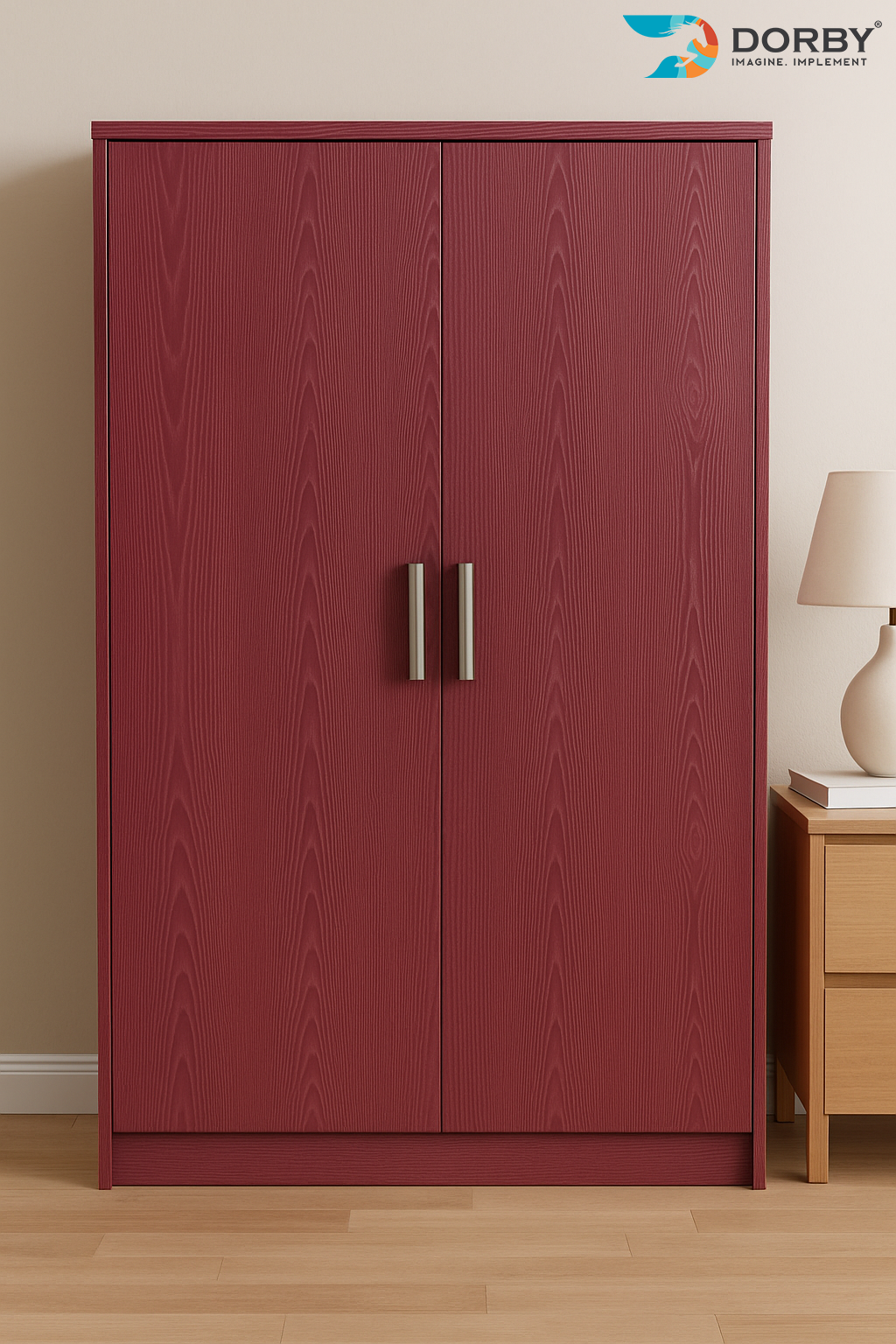 Red wardrobe with silver handles on a wooden floor, with 'Dorby' branding.