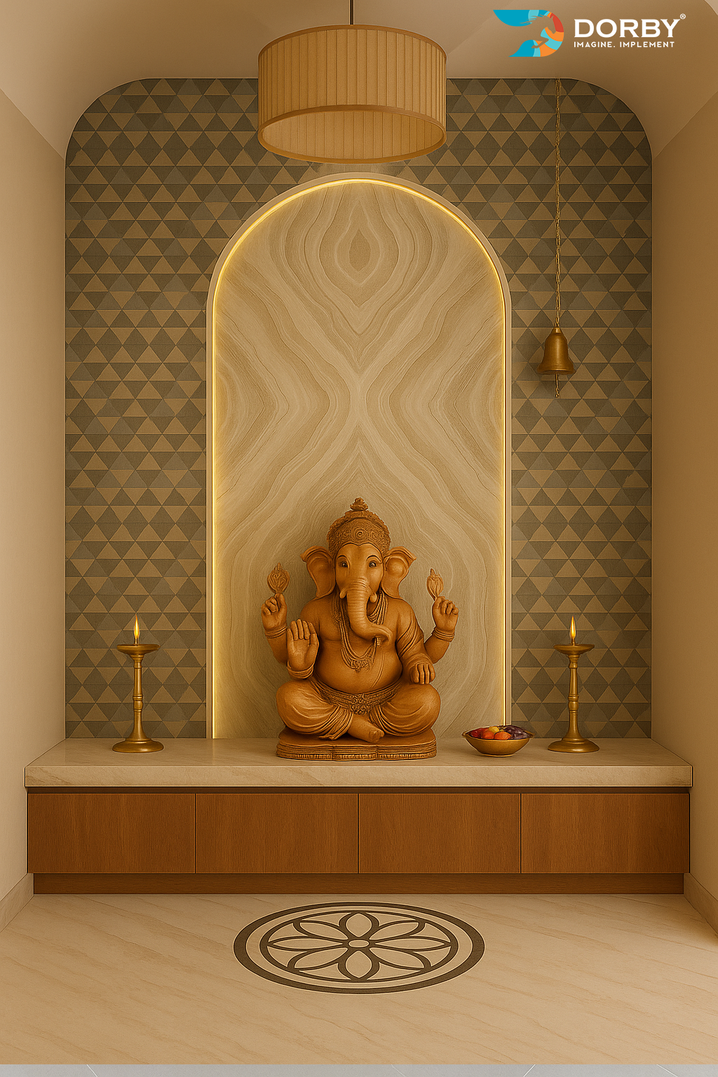 Wooden Ganesha statue in a decorated room with geometric wall patterns and lighting.