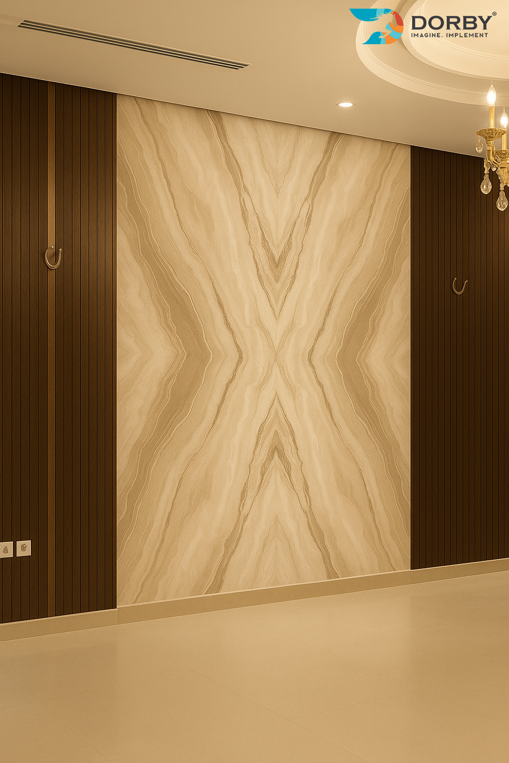 Decorative wall panel with marble pattern in a room setting, featuring Dorby brand.