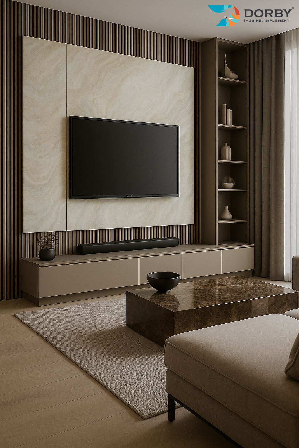 Modern living room with a television mounted on a marble wall.