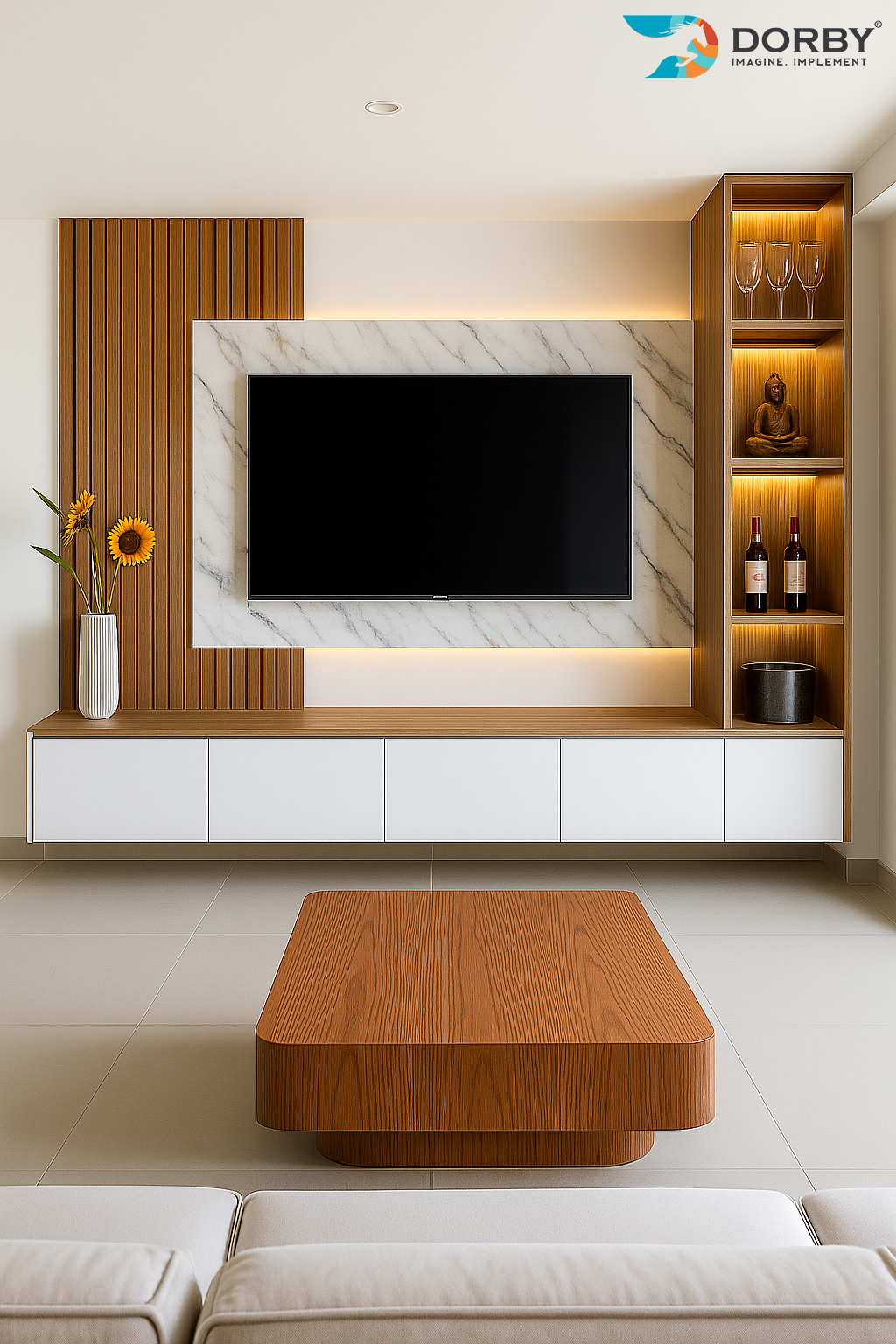 Modern living room with a television mounted on a marble wall, wooden coffee table, and shelves with decorative items.