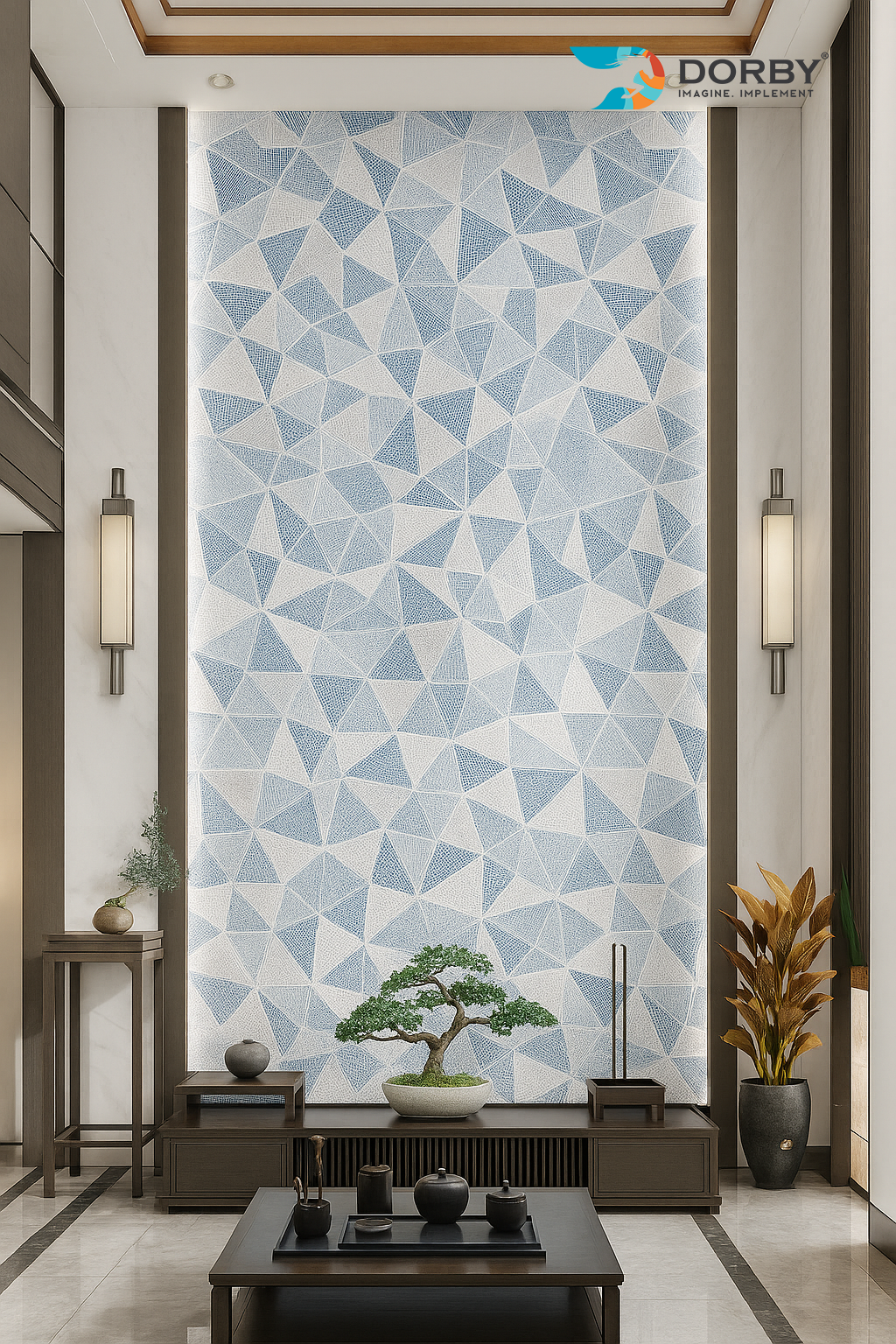 Geometric patterned wall in a modern interior setting with 'Dorby' branding.