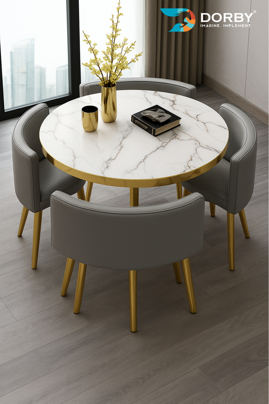 Dining table set with marble top and gold legs in a modern room, featuring the Dorby brand.