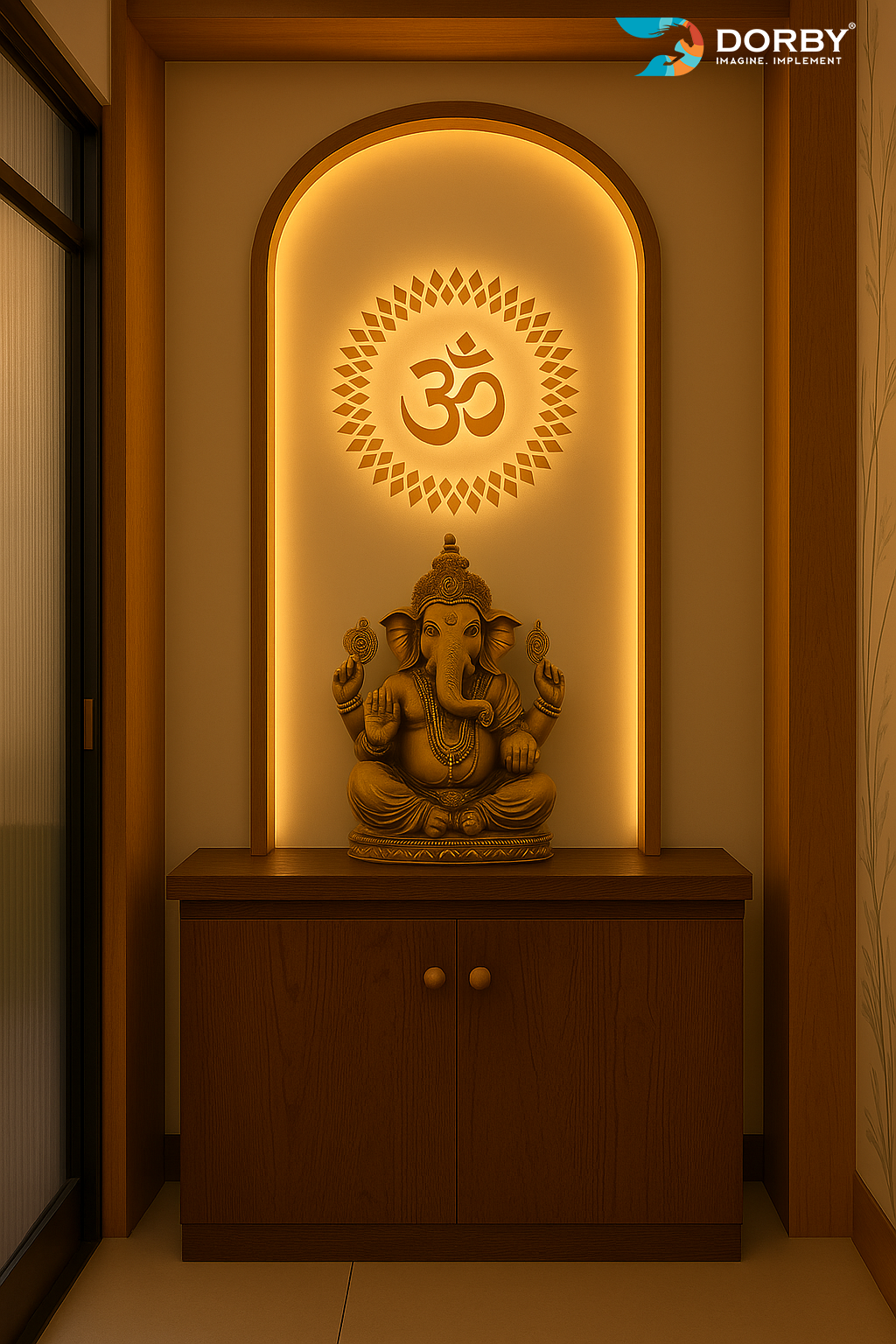 Wooden statue of a deity on a cabinet with illuminated wall behind