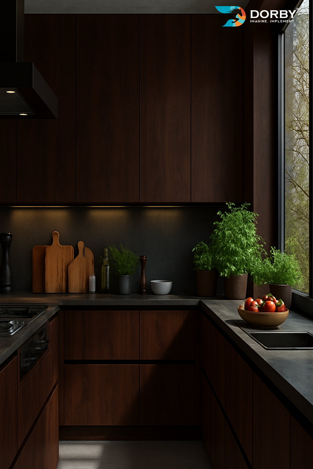 Modern kitchen with dark wood cabinets and a window view