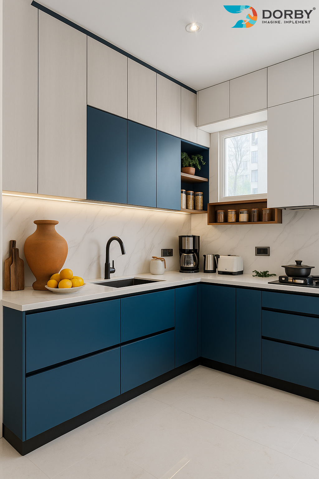 Modern kitchen with blue and white cabinets, Dorby logo visible
